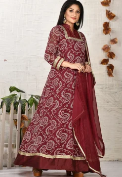 Bandhej Printed Georgette Abaya Style Suit in Maroon