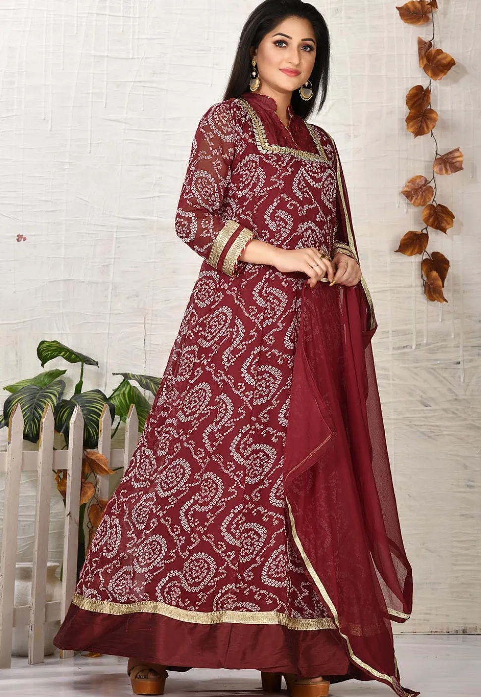 Bandhej Printed Georgette Abaya Style Suit in Maroon