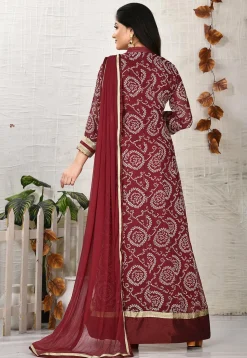 Bandhej Printed Georgette Abaya Style Suit in Maroon