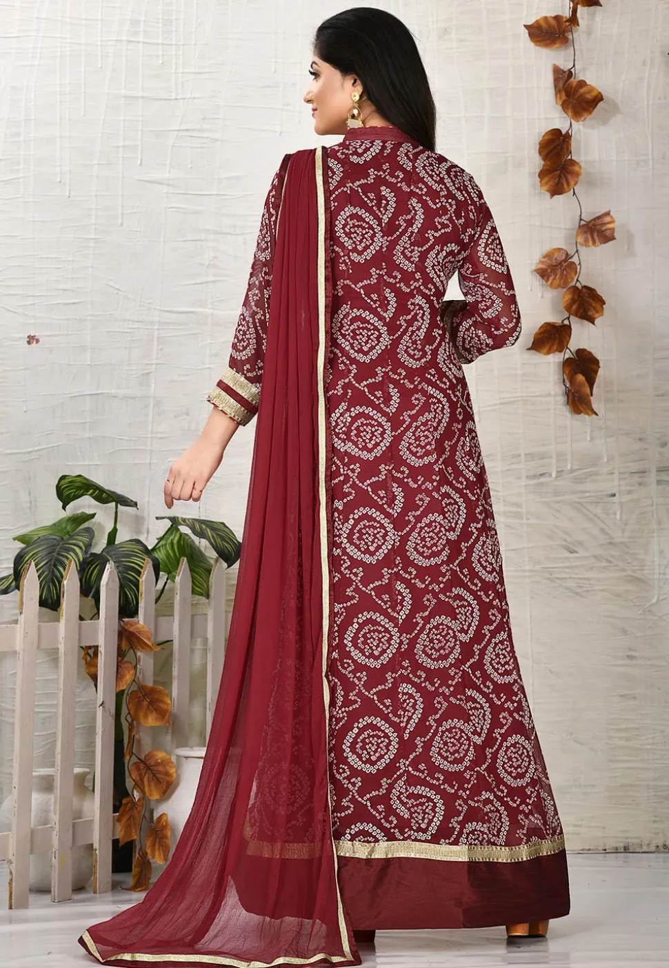 Bandhej Printed Georgette Abaya Style Suit in Maroon