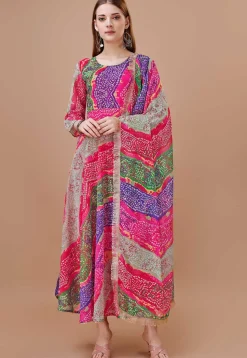 Bandhej Printed Georgette A Line Suit in Multicolor