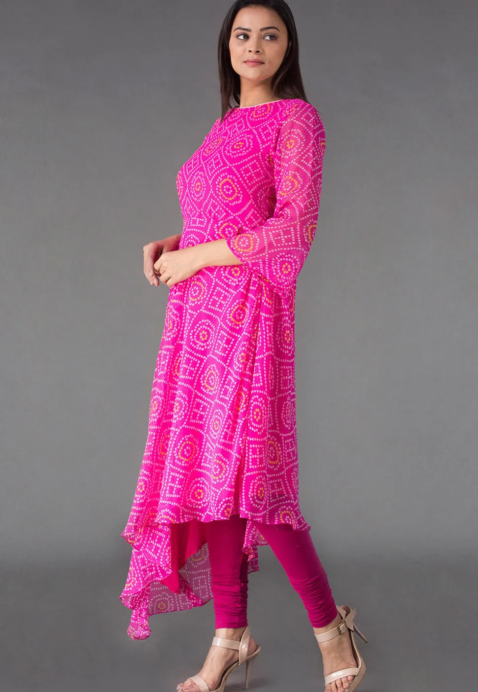 Bandhej Printed Georgette Asymmetrical Suit in Fuchsia