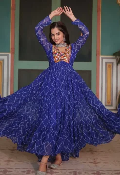 Bandhej Printed Georgette Tiered Gown in Royal Blue