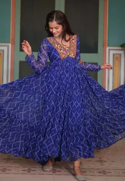 Bandhej Printed Georgette Tiered Gown in Royal Blue