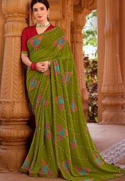 Bandhej Printed Georgette Saree in Olive Green