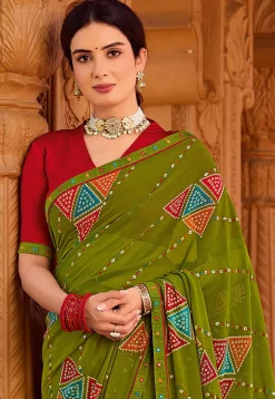 Bandhej Printed Georgette Saree in Olive Green