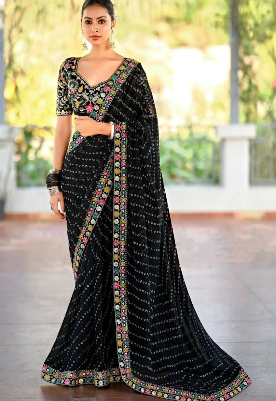 Bandhej Printed Georgette Saree in Black