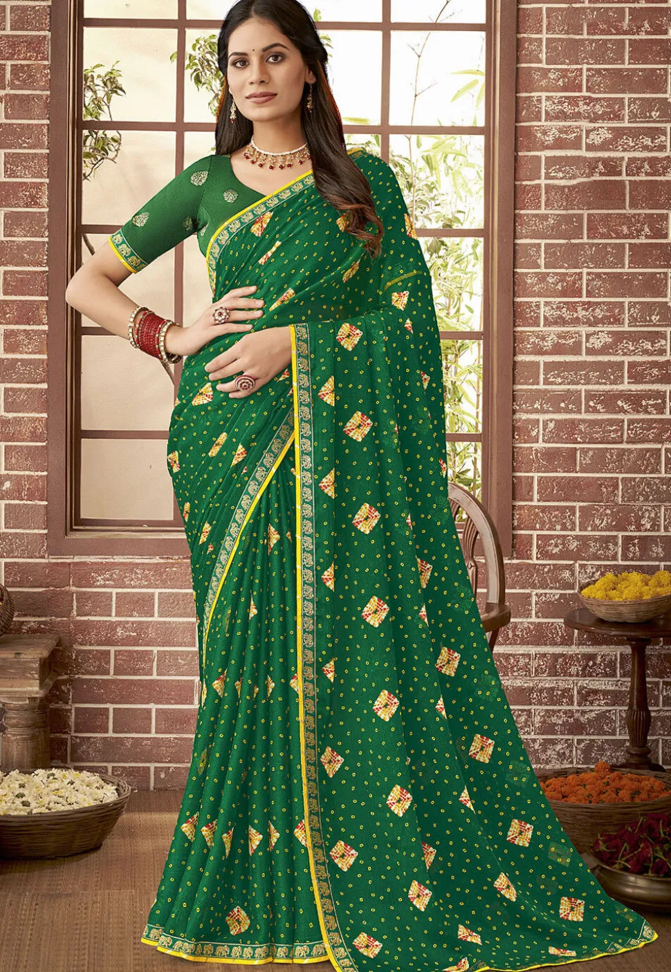 Bandhej Printed Georgette Saree in Green