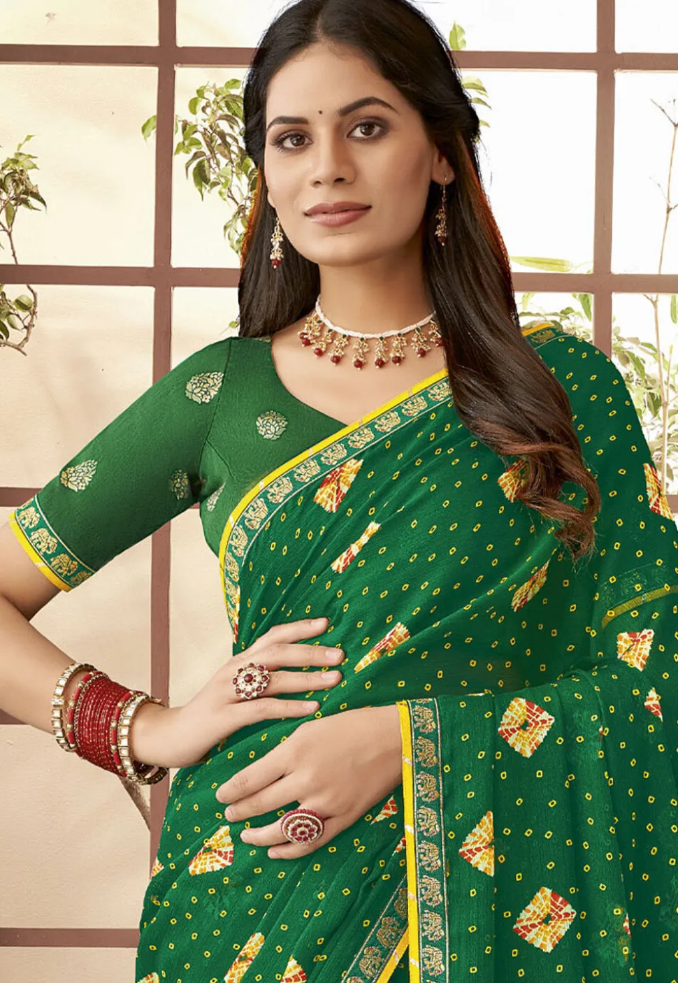 Bandhej Printed Georgette Saree in Green