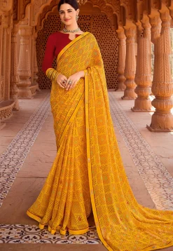 Bandhej Printed Georgette Saree in Yellow