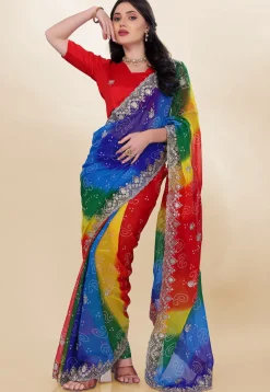 Bandhej Printed Georgette Scalloped Saree in Multicolor
