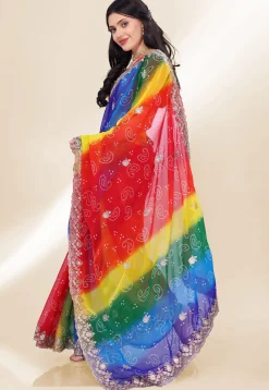 Bandhej Printed Georgette Scalloped Saree in Multicolor