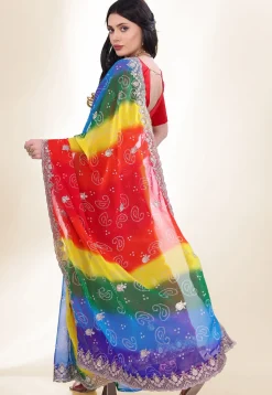 Bandhej Printed Georgette Scalloped Saree in Multicolor