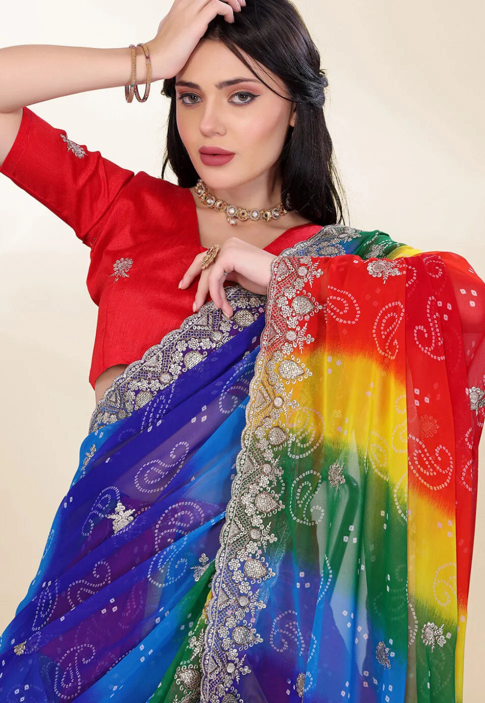 Bandhej Printed Georgette Scalloped Saree in Multicolor