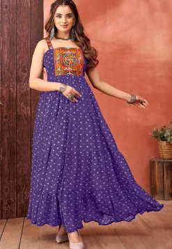 Bandhej Printed Georgette Tiered Gown in Purple