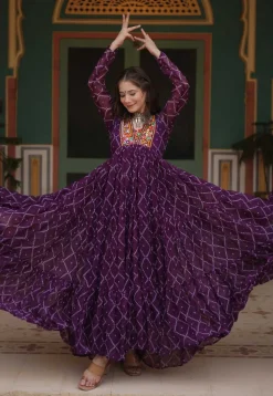 Bandhej Printed Georgette Tiered Gown in Violet