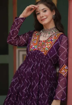 Bandhej Printed Georgette Tiered Gown in Violet