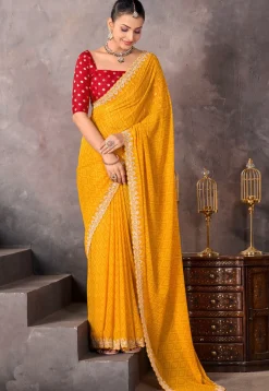 Bandhej Printed Georgette Scalloped Saree in Mustard
