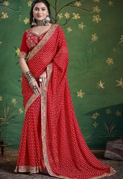 Bandhej Printed Georgette Saree in Red