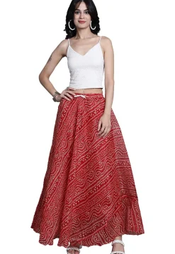 Bandhej Printed Kota Doria Skirt in Red