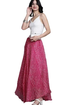 Bandhej Printed Kota Doria Skirt in Magenta