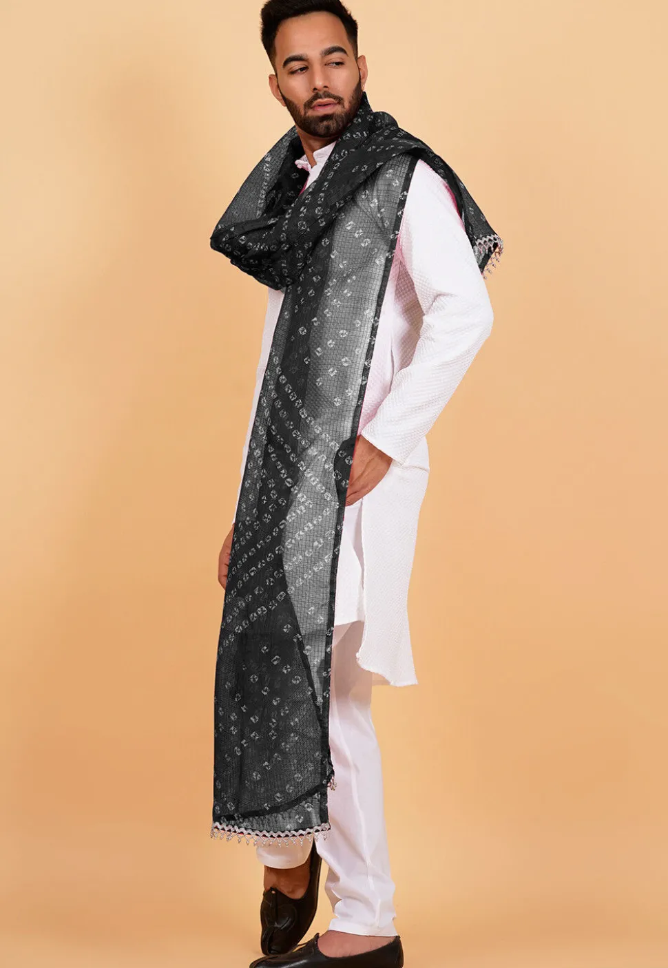 Bandhej Printed Kota Doria Dupatta in Black