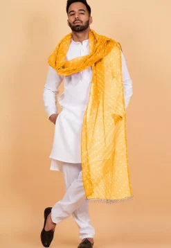 Bandhej Printed Kota Doria Dupatta in Mustard