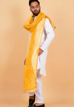 Bandhej Printed Kota Doria Dupatta in Mustard