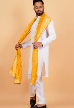 Bandhej Printed Kota Doria Dupatta in Mustard