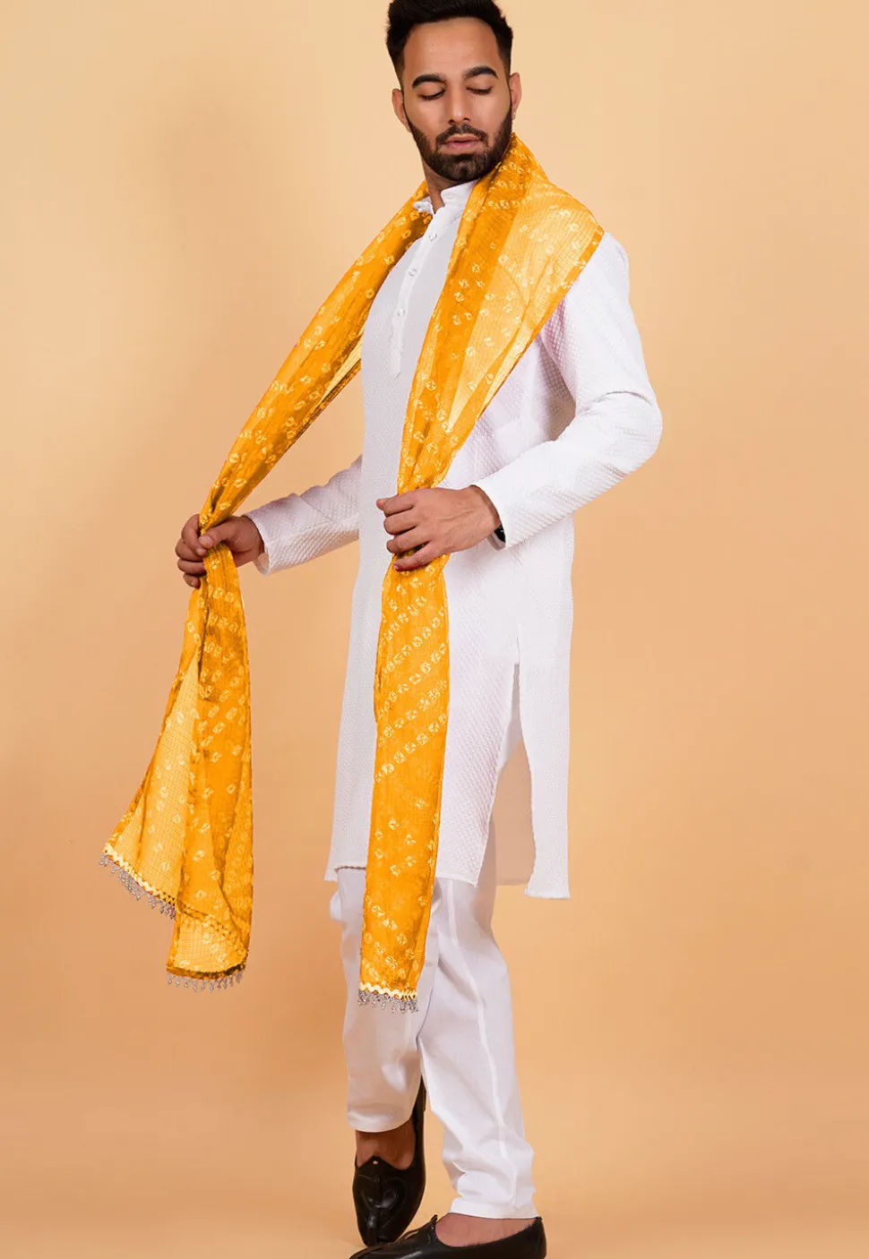 Bandhej Printed Kota Doria Dupatta in Mustard