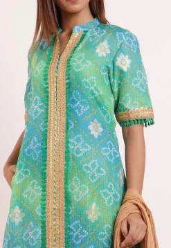 Bandhej Printed Kota Silk Abaya Style Suit in Shaded Green And Blue