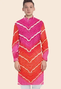 Bandhej Printed Kota Silk Kurta in Shaded Orange and Pink
