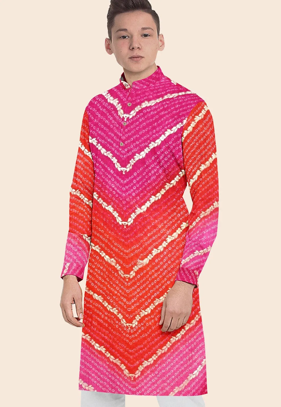 Bandhej Printed Kota Silk Kurta in Shaded Orange and Pink