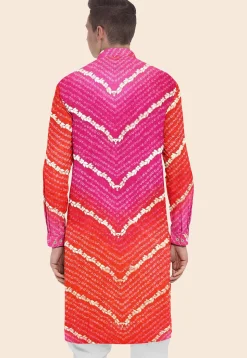 Bandhej Printed Kota Silk Kurta in Shaded Orange and Pink
