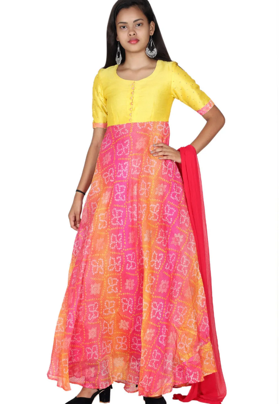 Bandhej Printed Kota Silk Abaya Style Suit in Pink and Yellow
