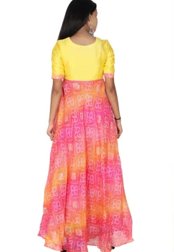 Bandhej Printed Kota Silk Abaya Style Suit in Pink and Yellow