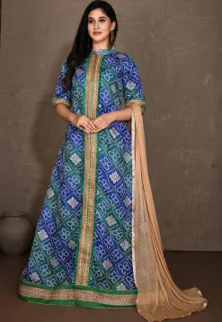 Bandhej Printed Kota Silk Abaya Style Suit in Teal Green and Blue