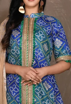 Bandhej Printed Kota Silk Abaya Style Suit in Teal Green and Blue
