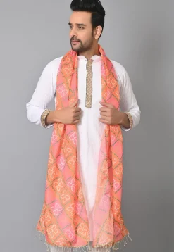 Bandhej Printed Kota Silk Dupatta in Orange and Pink