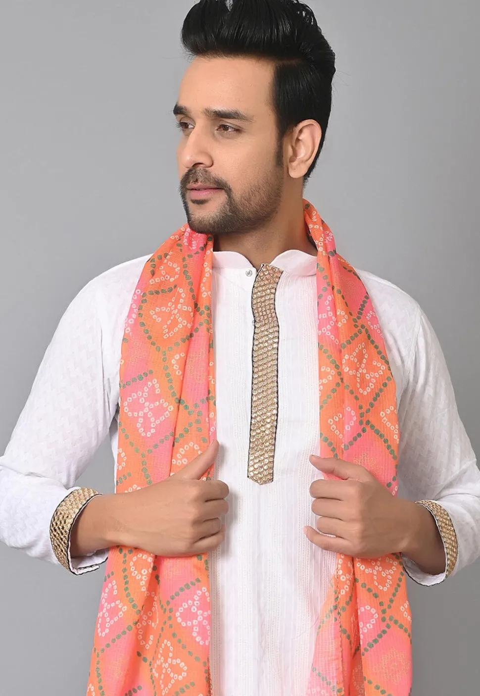 Bandhej Printed Kota Silk Dupatta in Orange and Pink