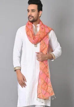 Bandhej Printed Kota Silk Dupatta in Orange and Pink