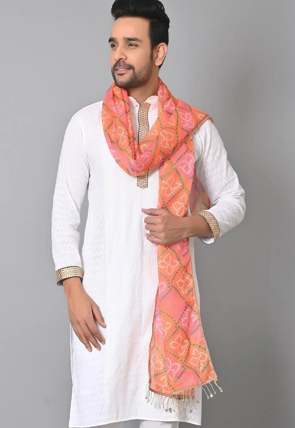 Bandhej Printed Kota Silk Dupatta in Orange and Pink