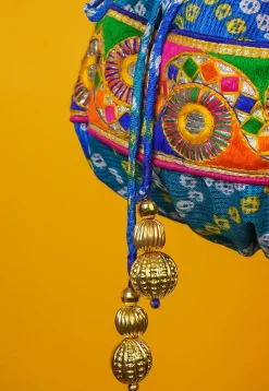 Bandhej Printed Kota Silk Potli Bag in Shaded Blue