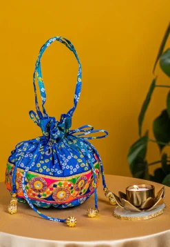 Bandhej Printed Kota Silk Potli Bag in Shaded Blue