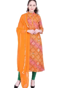 Bandhej Printed Kota Silk Straight Suit in Shaded Orange and Pink
