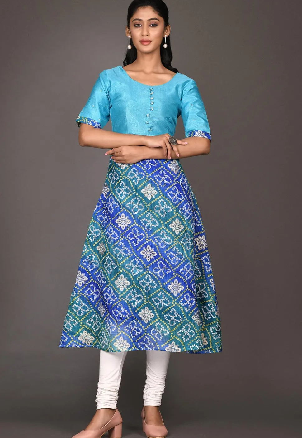 Bandhej Printed Kota Silk A Line Kurta in Blue