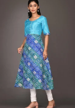 Bandhej Printed Kota Silk A Line Kurta in Blue