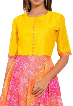 Bandhej Printed Kota Silk Gown in Yellow and Pink