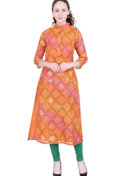 Bandhej Printed Kota Silk Kurta in Shaded Orange and Pink