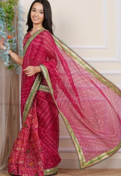Bandhej Printed Kota Silk Saree in Fuchsia